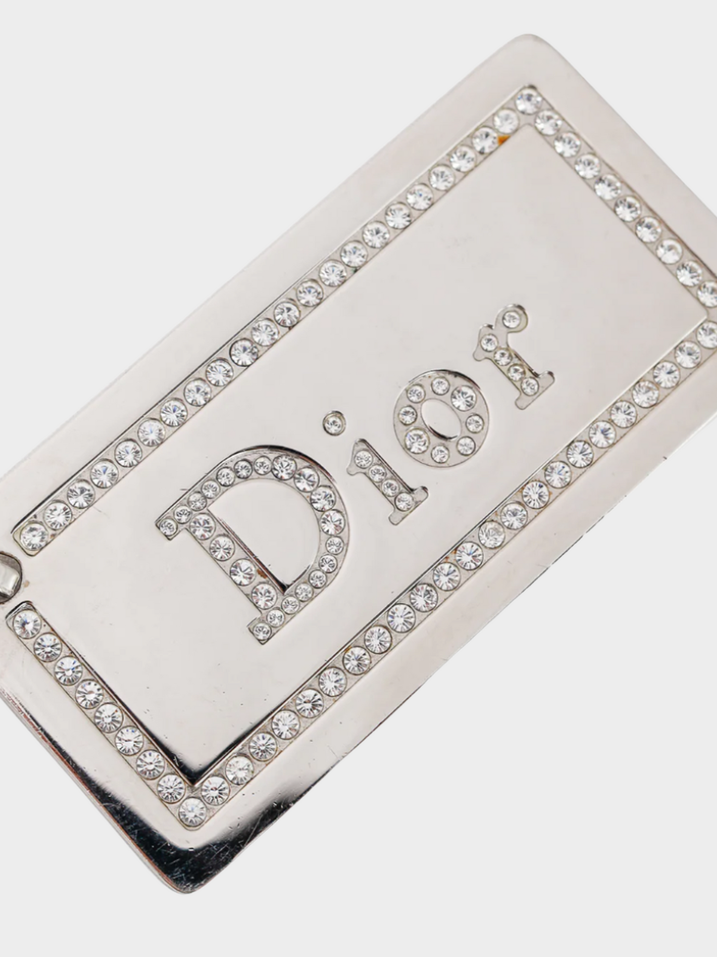 Christian Dior 2000s Silver-Tone Rhinestone Logo Plaque Keychain