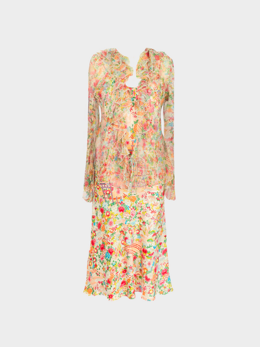 Christian Dior SS 2002 Matching Floral Print Cardigan, Top, and Skirt Set