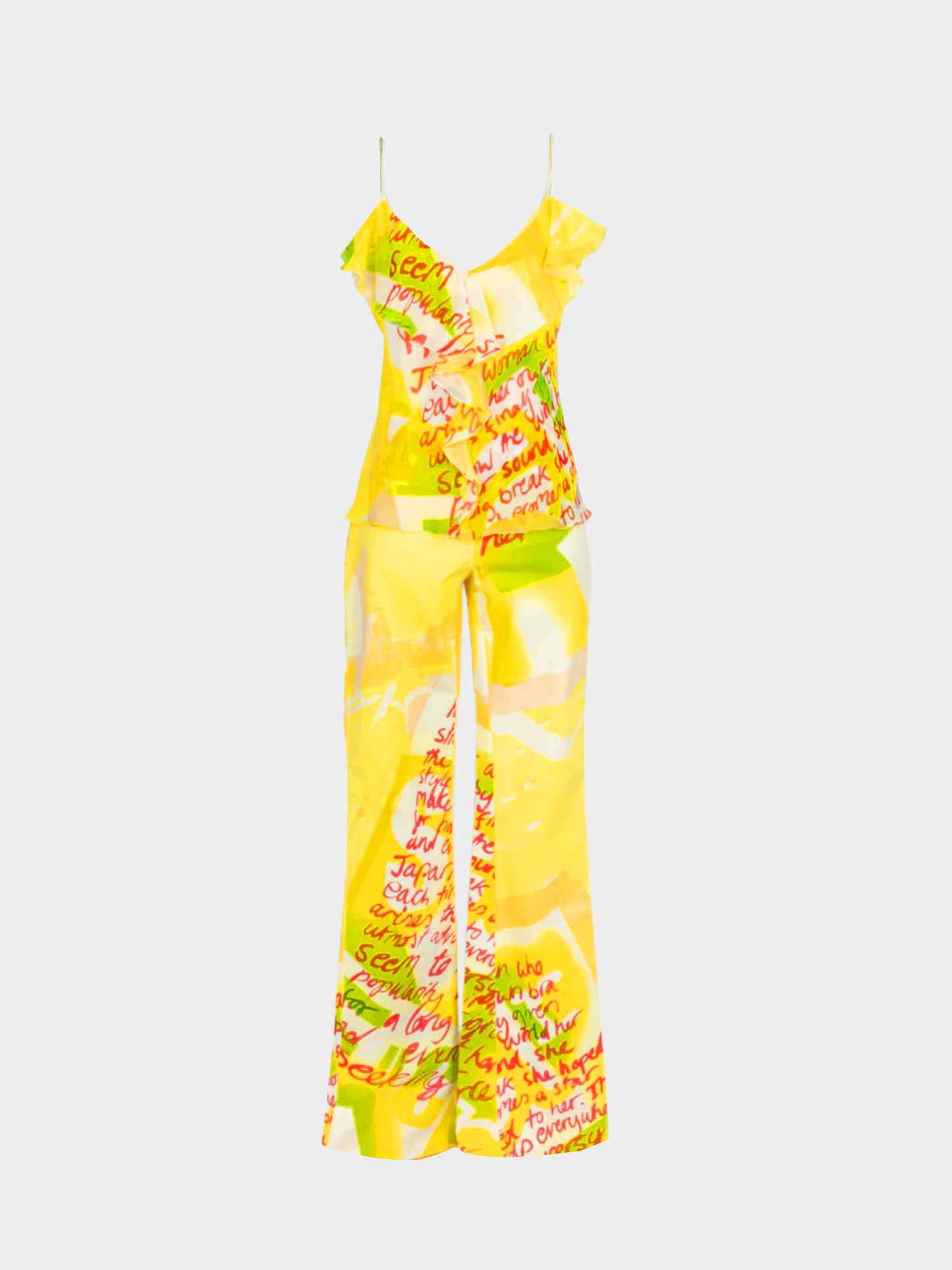Christian Dior by John Galliano SS 2003 Yellow Graphic Printed Top and Trousers Set