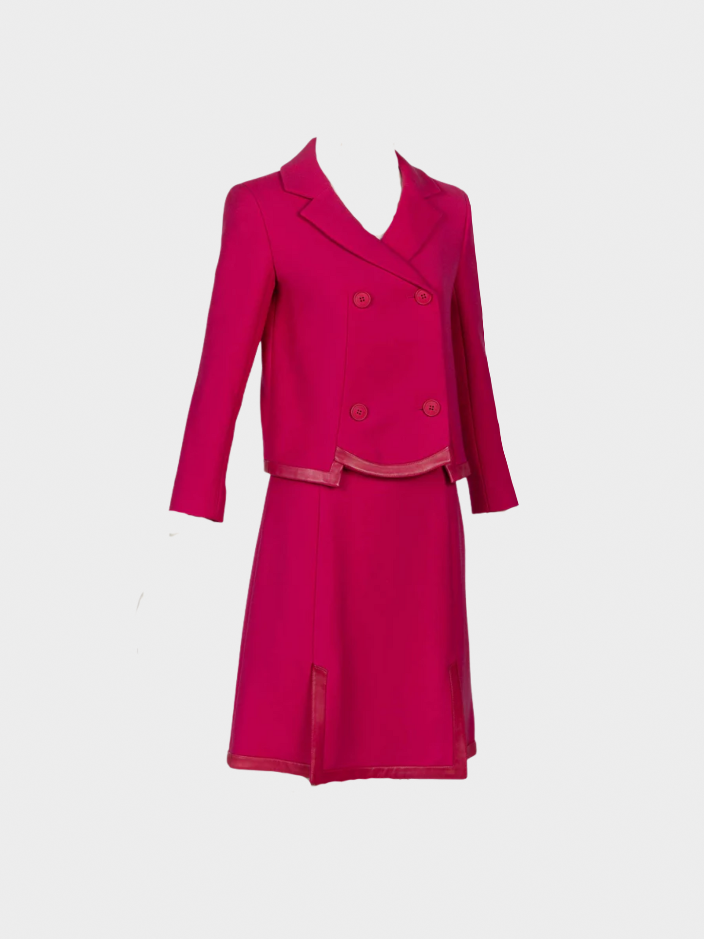 Christian Dior 1990s Pink Wool and Leather Trim Skirt Suit