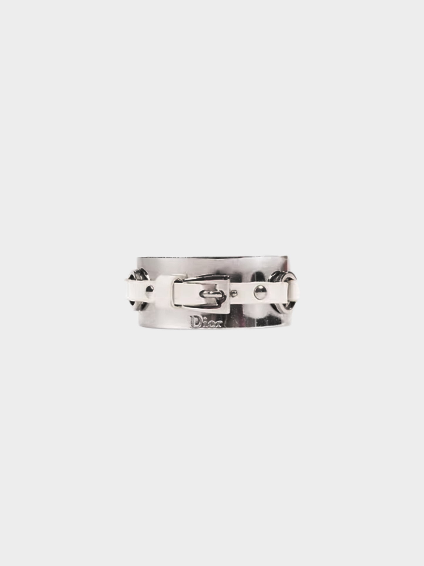 Christian Dior SS 2001 Silver Metal and White Leather Bracelet