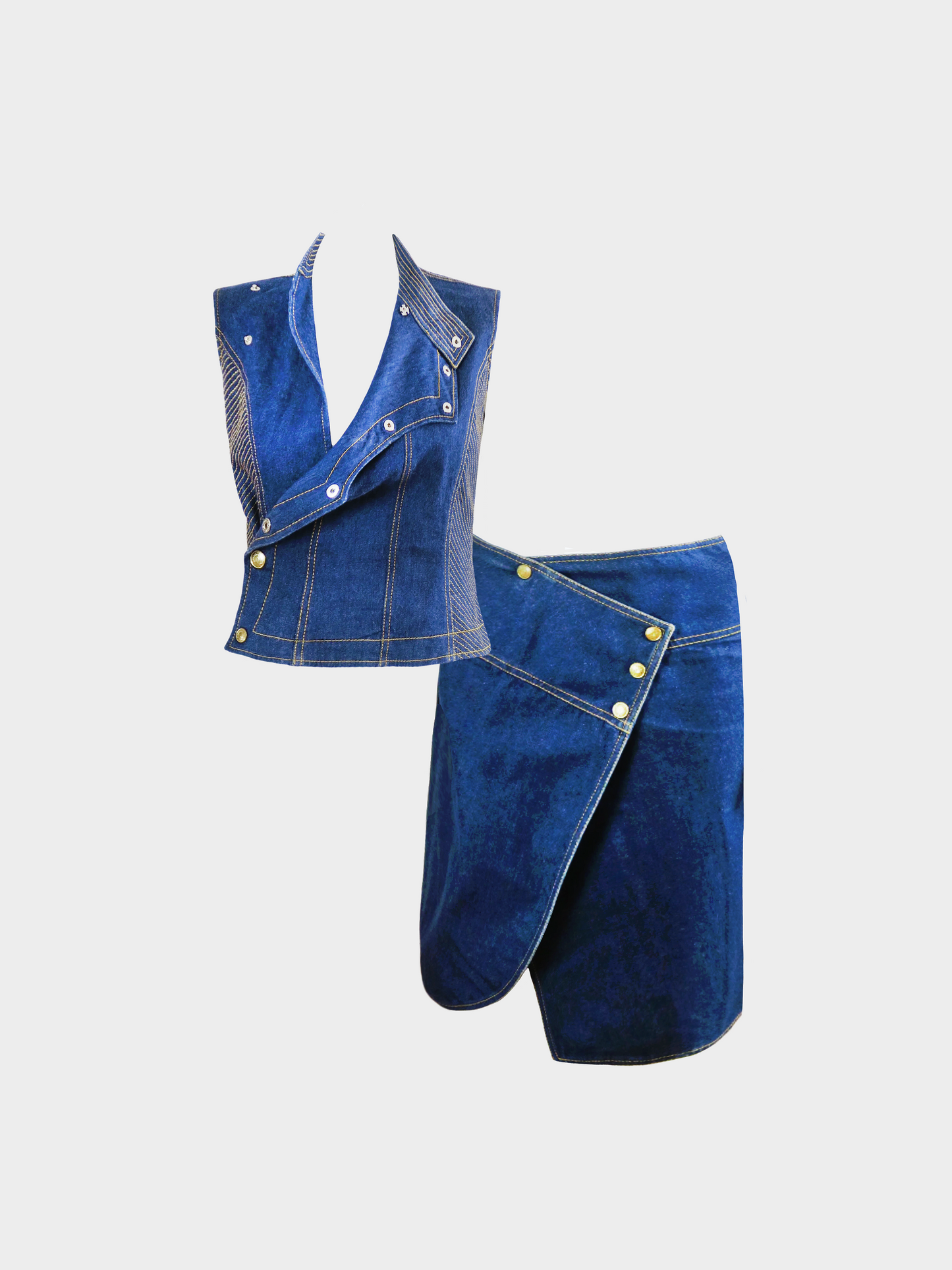 Christian Dior by John Galliano SS 2000 Blue Denim Vest Top and Midi Skirt Set