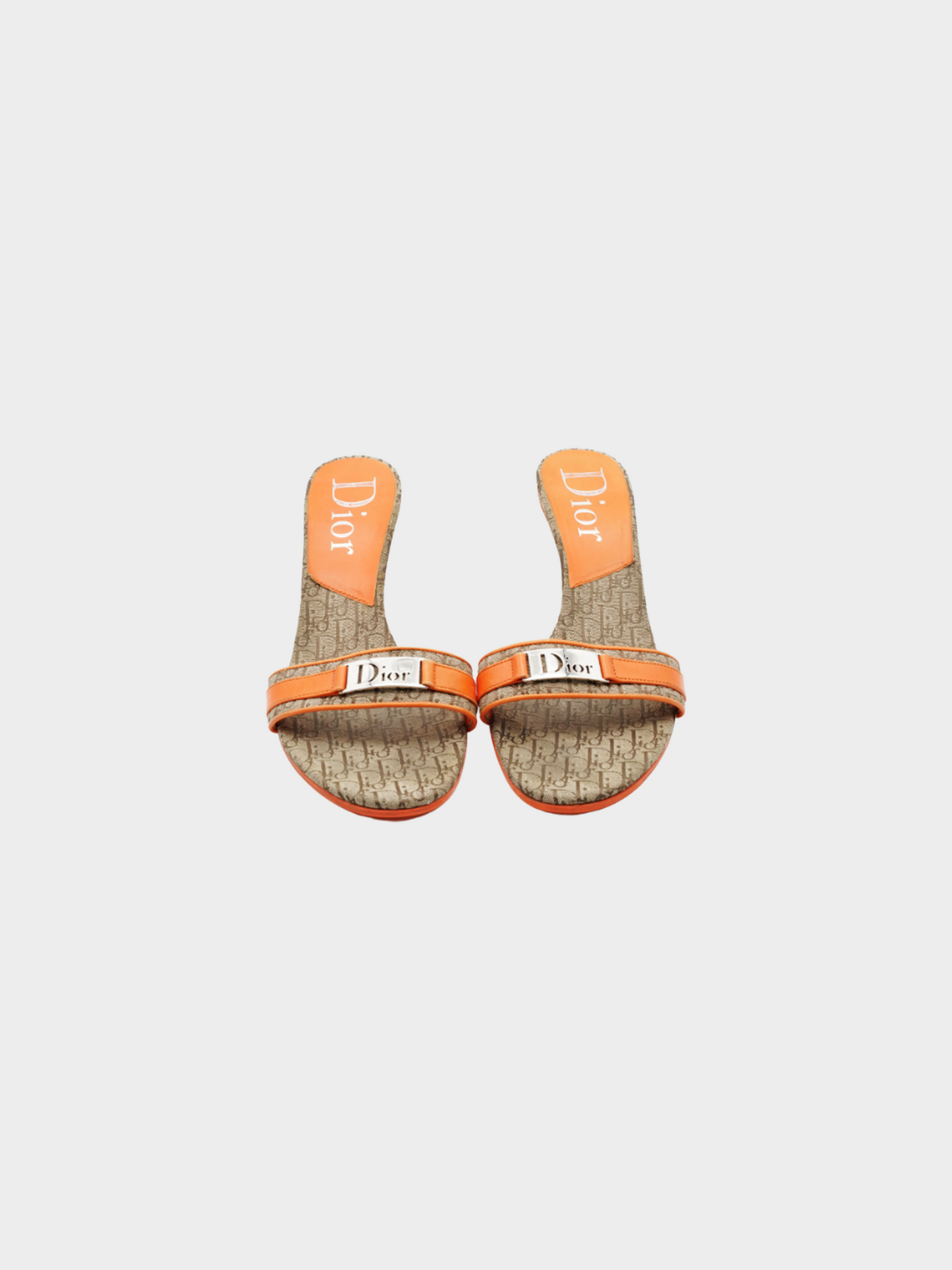 Christian Dior by John Galliano 2000s Beige Oblique Print with Orange Leather Heeled Mules