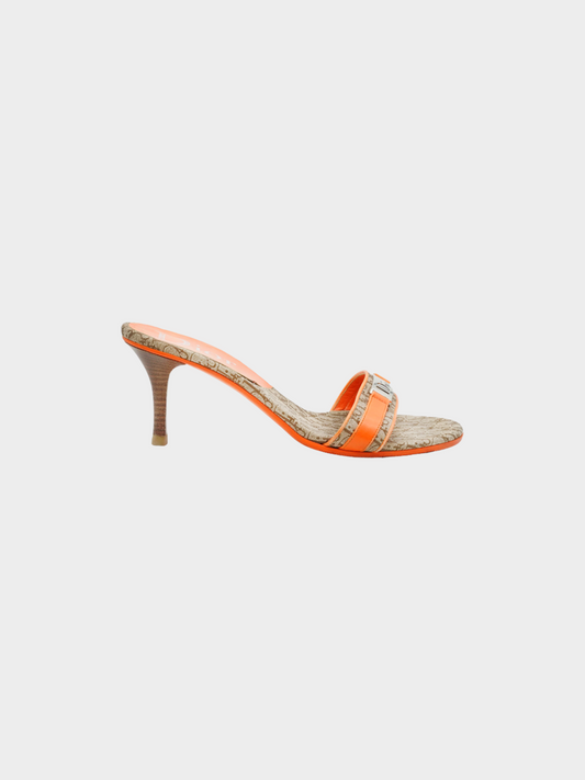 Christian Dior by John Galliano 2000s Beige Oblique Print with Orange Leather Heeled Mules