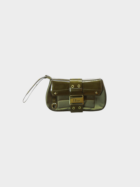 Christian Dior 2000s Green Silk and Patent Leather Columbus Clutch