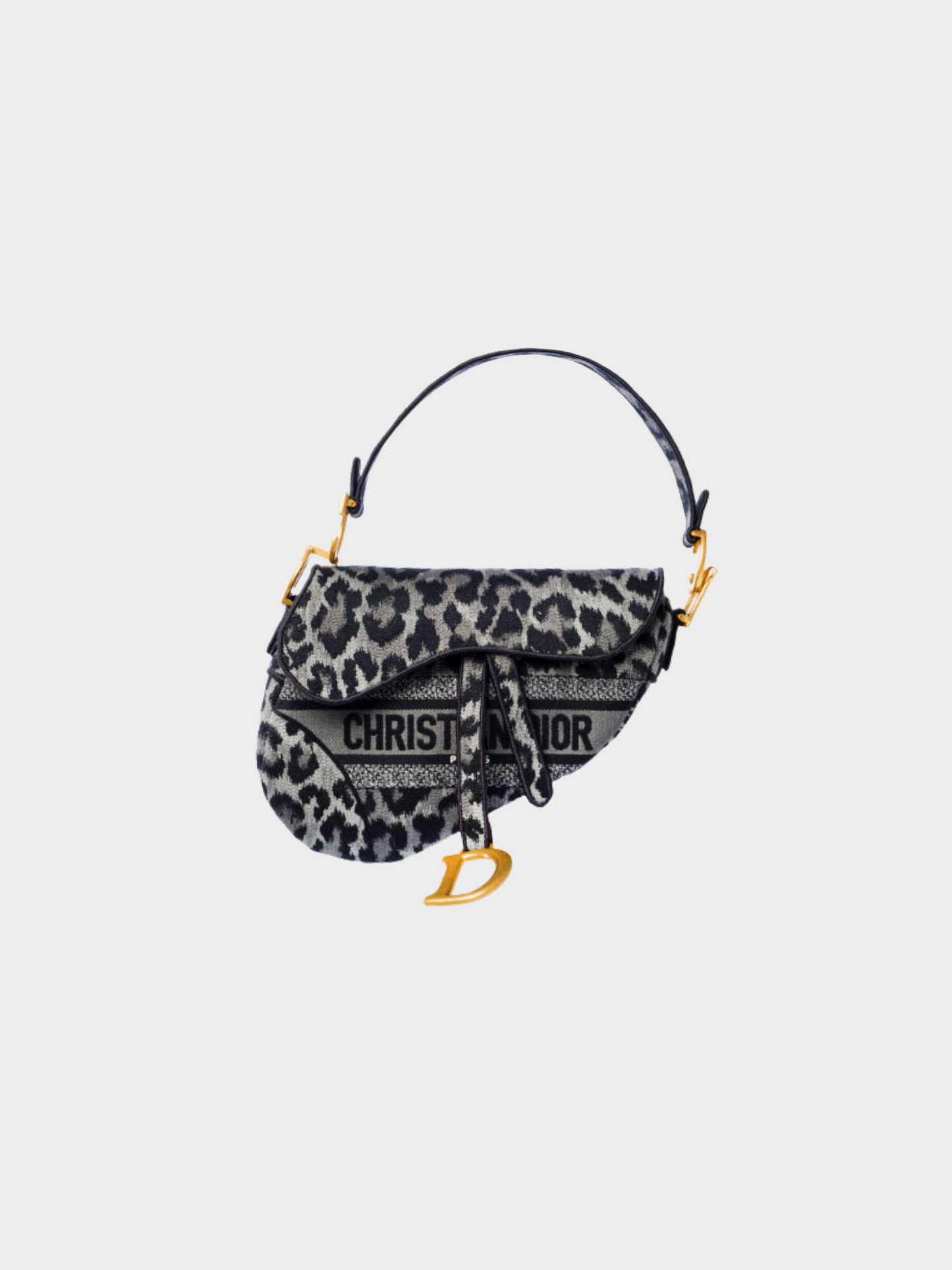 Christian Dior 2021 Grey Leopard Print and Black Trim Jacquard Saddle Bag