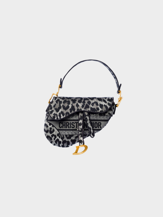 Christian Dior 2021 Grey Leopard Print and Black Trim Jacquard Saddle Bag