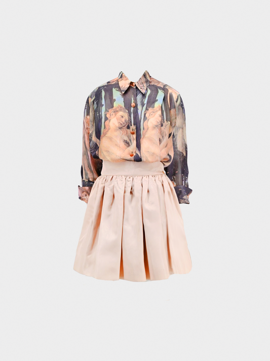 Dolce and Gabbana SS 1993 Printed Crepe Chiffon Button Down and Beige Skirt Set