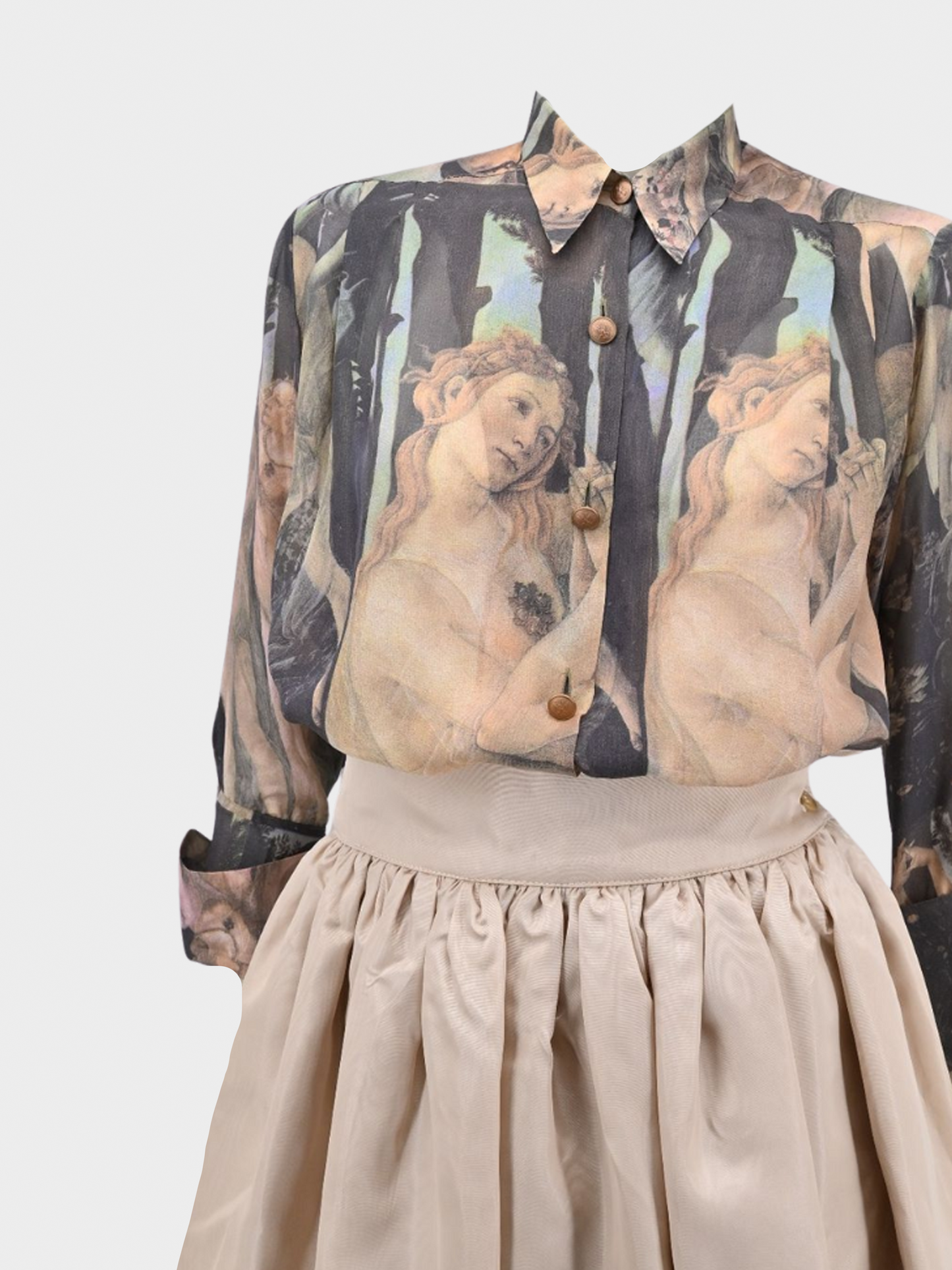 Dolce and Gabbana SS 1993 Printed Crepe Chiffon Button Down and Beige Skirt Set