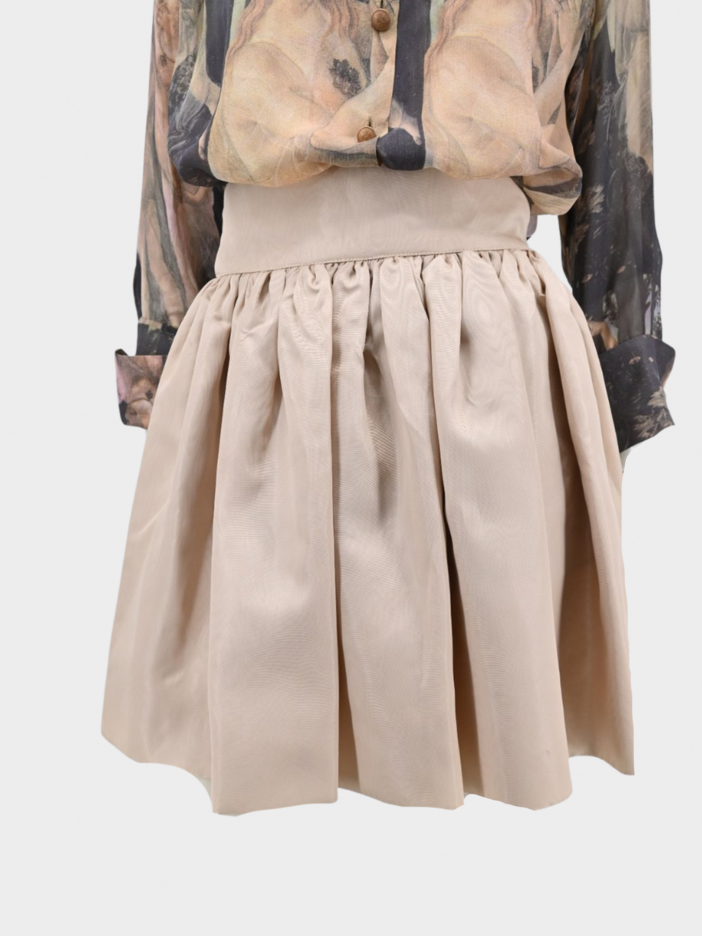 Dolce and Gabbana SS 1993 Printed Crepe Chiffon Button Down and Beige Skirt Set