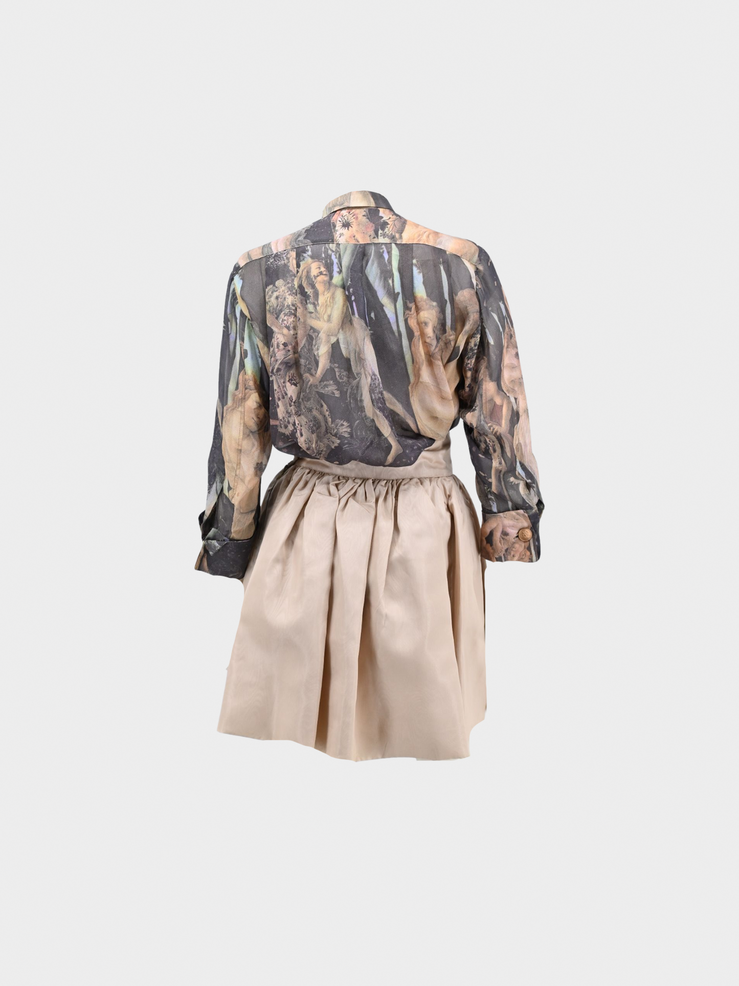 Dolce and Gabbana SS 1993 Printed Crepe Chiffon Button Down and Beige Skirt Set