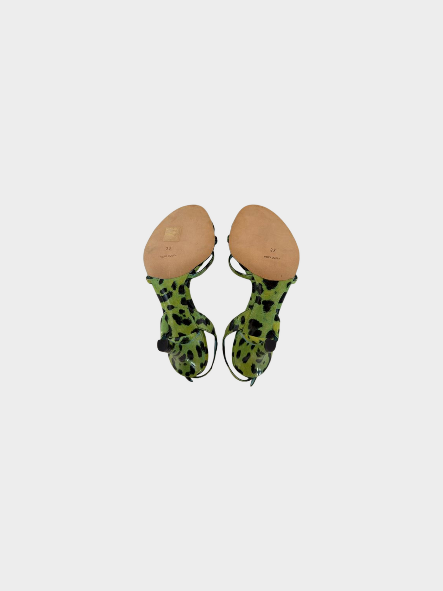 Dolce and Gabbana 2000s Green Patent Leather Leopard Printed Strappy Heels