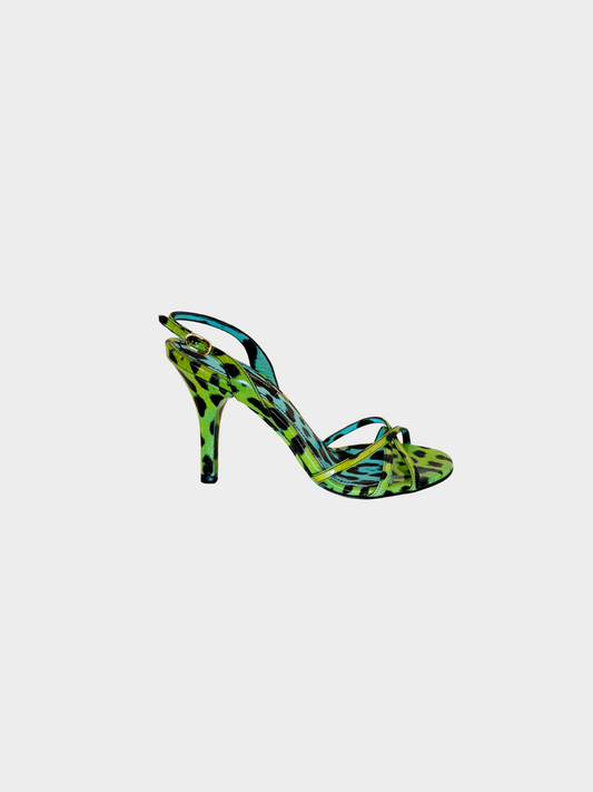 Dolce and Gabbana 2000s Green Patent Leather Leopard Printed Strappy Heels