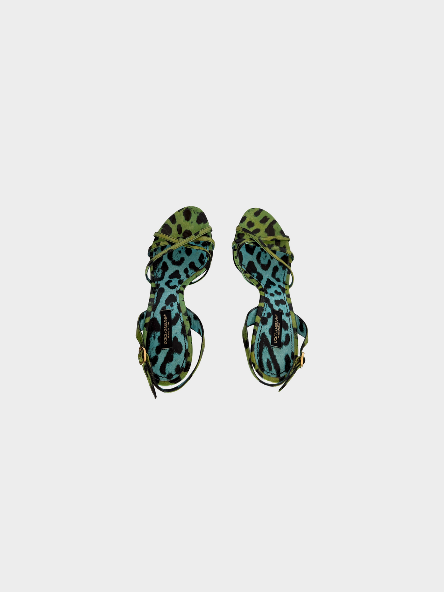 Dolce and Gabbana 2000s Green Patent Leather Leopard Printed Strappy Heels