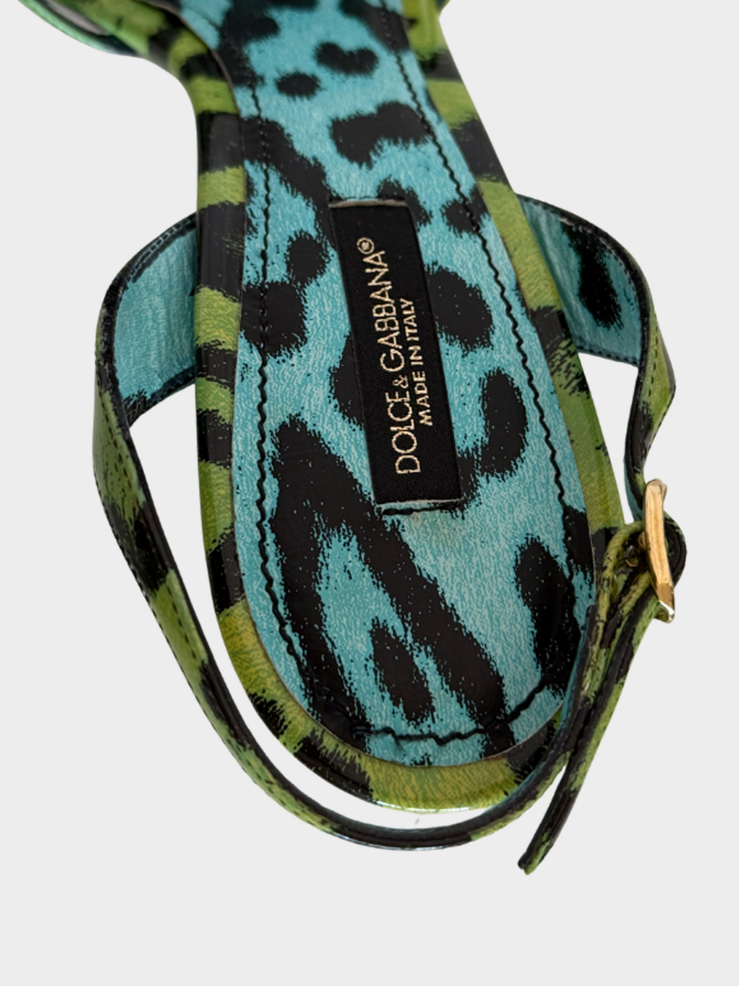 Dolce and Gabbana 2000s Green Patent Leather Leopard Printed Strappy Heels
