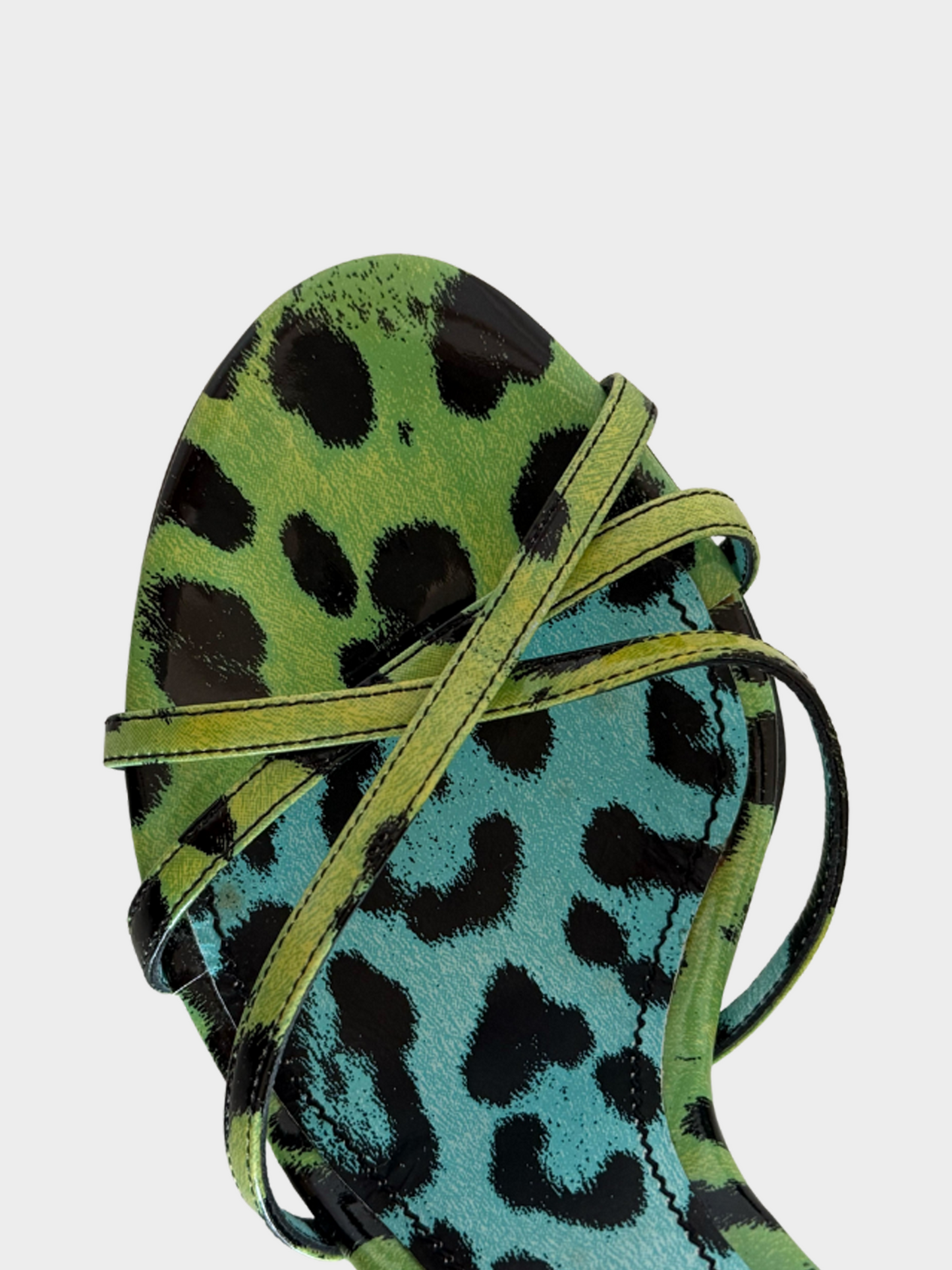 Dolce and Gabbana 2000s Green Patent Leather Leopard Printed Strappy Heels