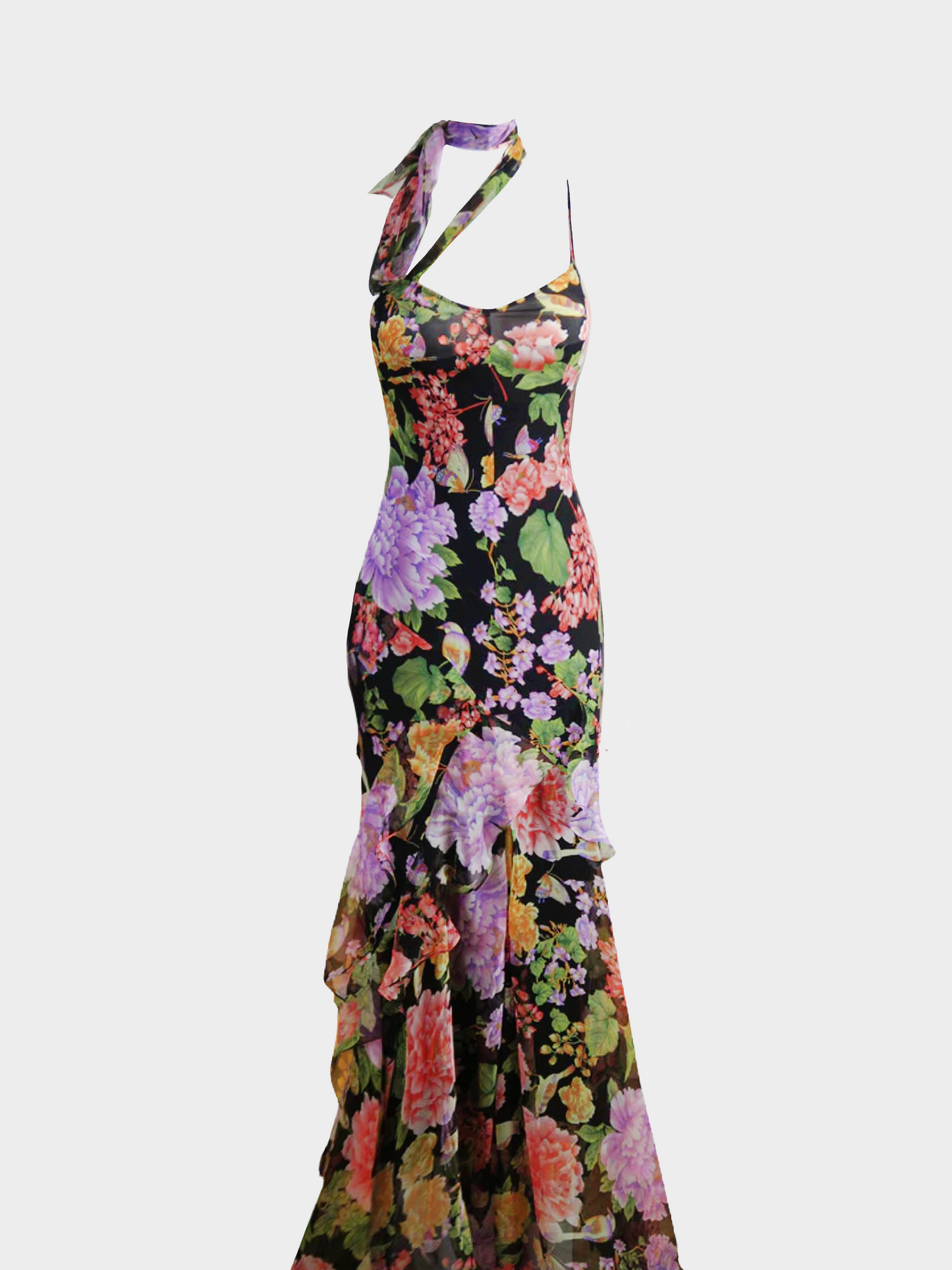 Dolce and Gabbana FW 2000 Multicolour Floral Chiffon Silk Ruffles Maxi Dress