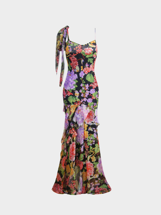 Dolce and Gabbana FW 2000 Multicolour Floral Chiffon Silk Ruffles Maxi Dress