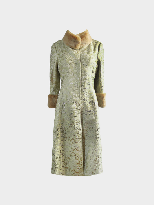 Dolce and Gabbana 1990s Golden Beige Jacquard with Fur Trim Long Coat
