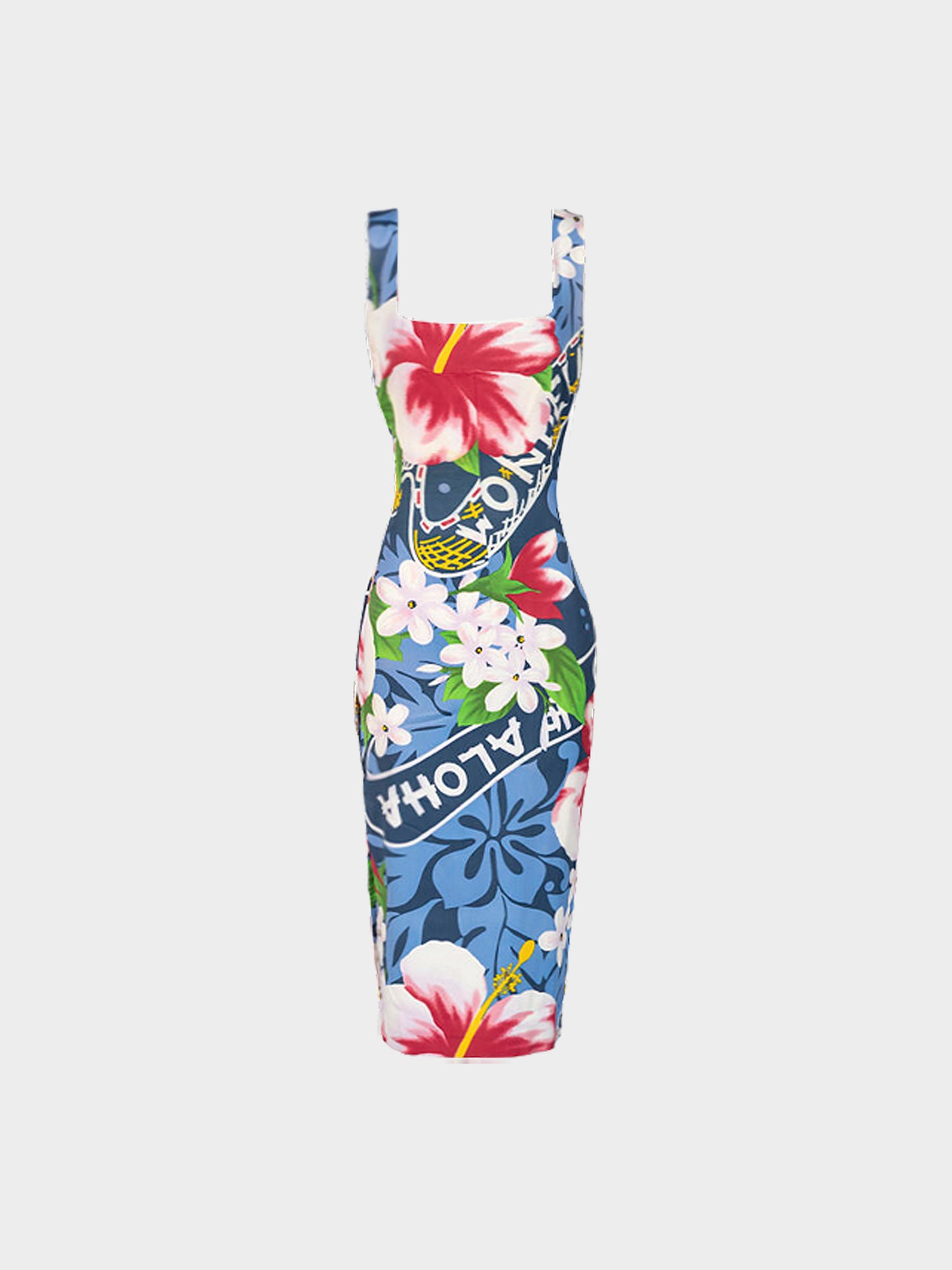 Dolce and Gabbana SS 2000 Runway Blue Viscose Hawaiian Hibiscus Print Dress