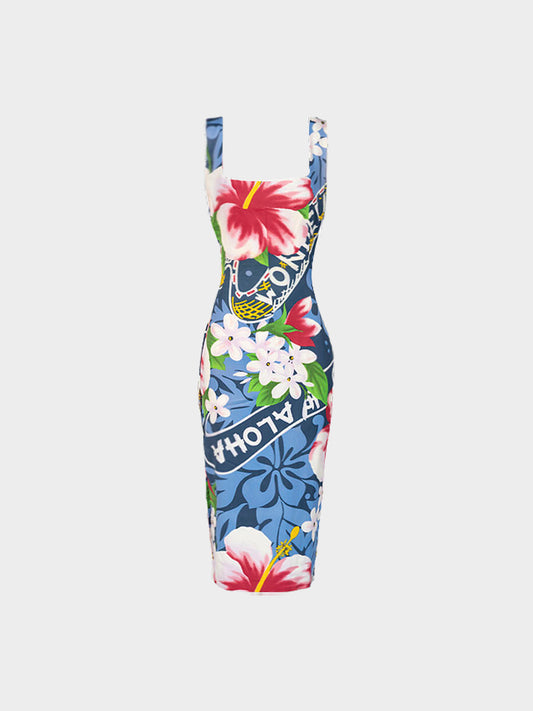 Dolce and Gabbana SS 2000 Runway Blue Viscose Hawaiian Hibiscus Print Dress