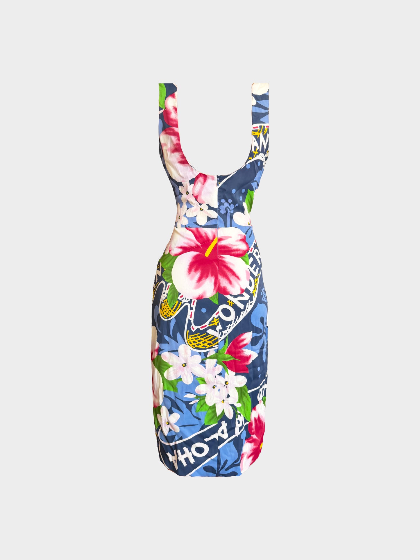 Dolce and Gabbana SS 2000 Runway Blue Viscose Hawaiian Hibiscus Print Dress
