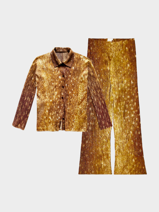 Issey Miyake Pleats Please FW 2003 Rare Brown Deer Print Shirt and Pants Set