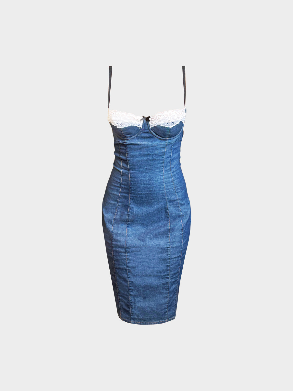 Dolce and Gabbana 2000s Denim and White Lace Trim Bustier Corset Midi Dress