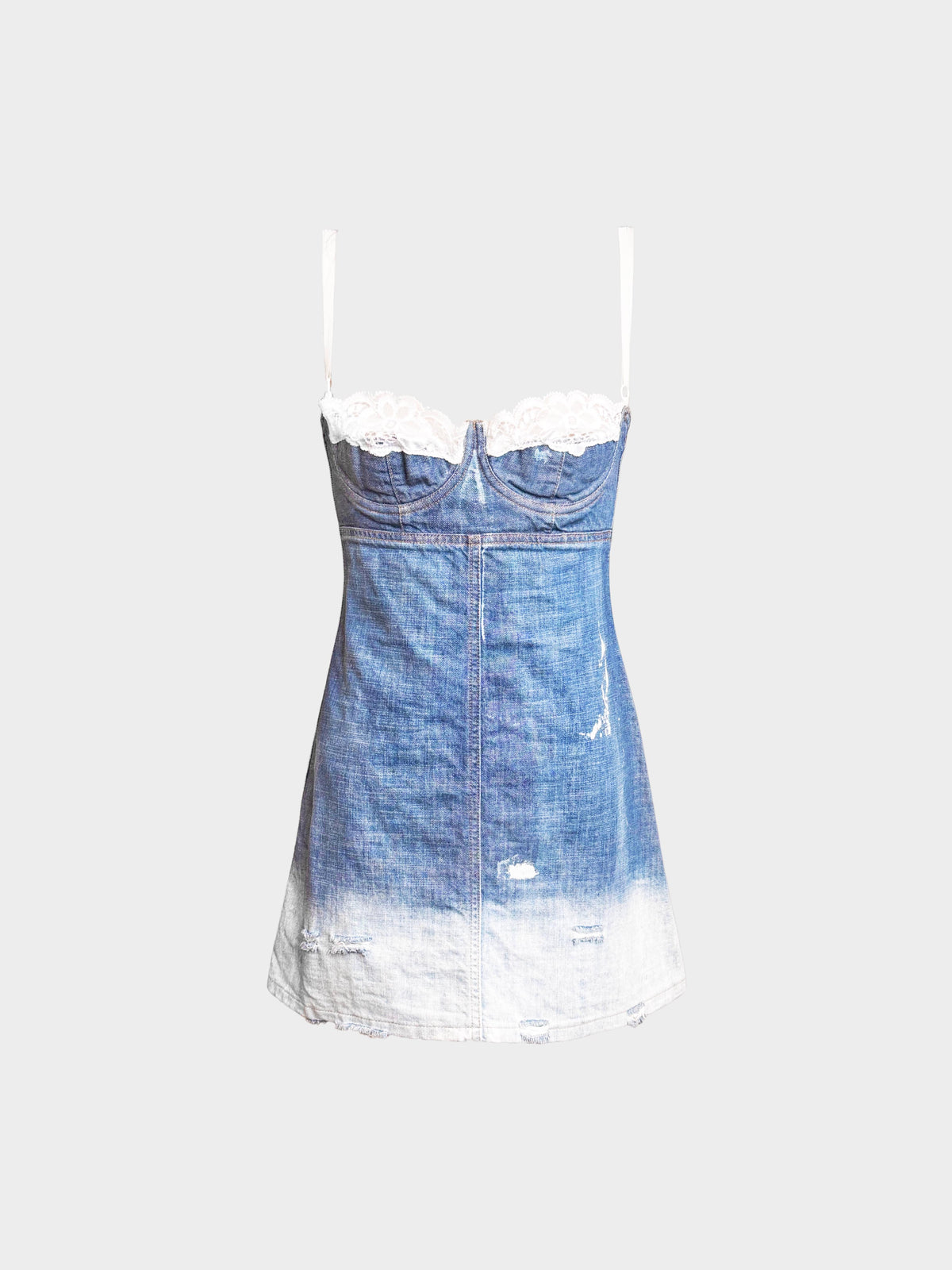 Dolce and Gabbana 2000s Denim and White Lace Trim Bustier Dress