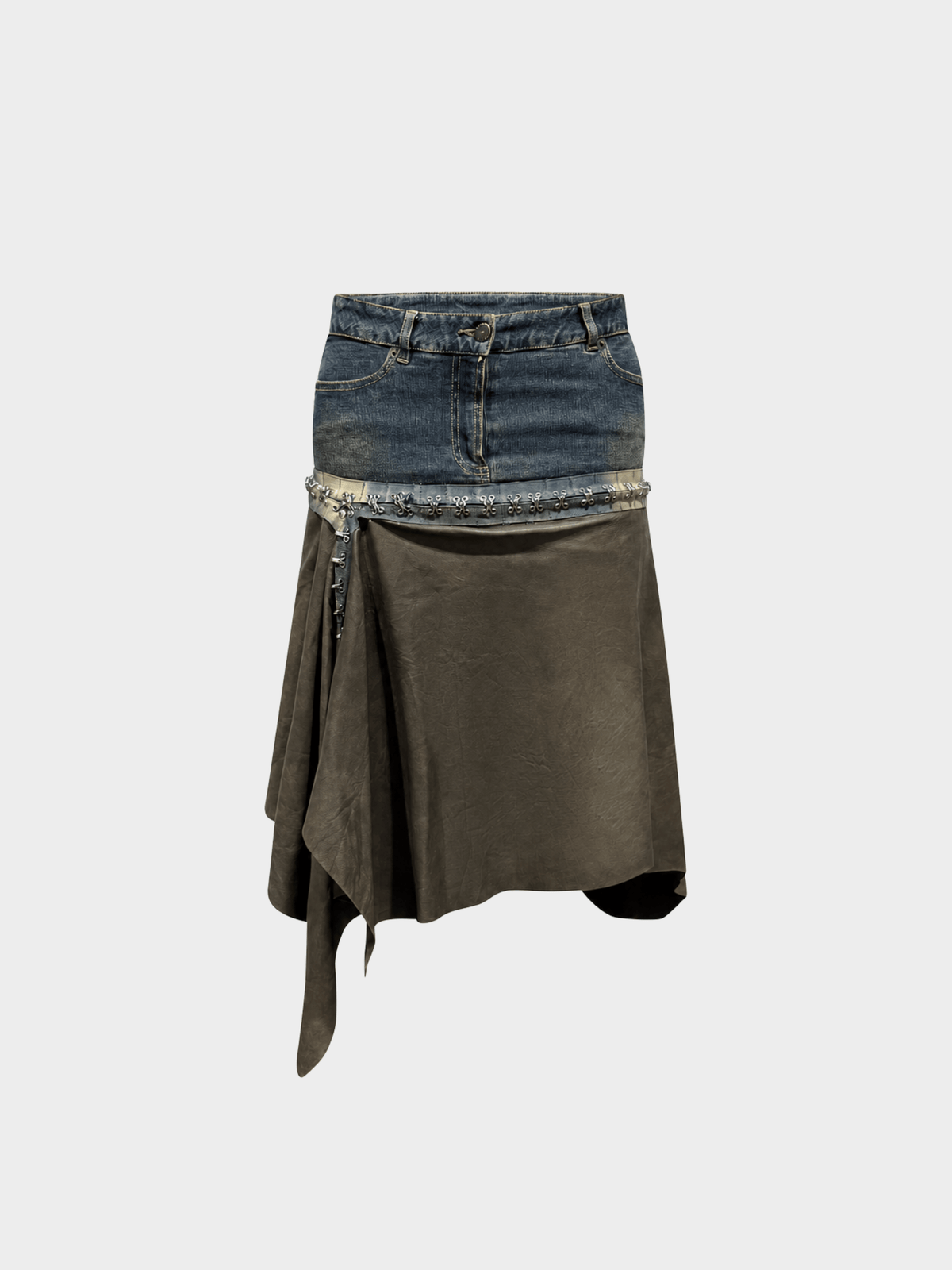 Plein Sud FW 2003 Denim and Leather Asymmetric Skirt