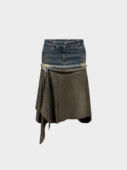 Plein Sud FW 2003 Denim and Leather Asymmetric Skirt