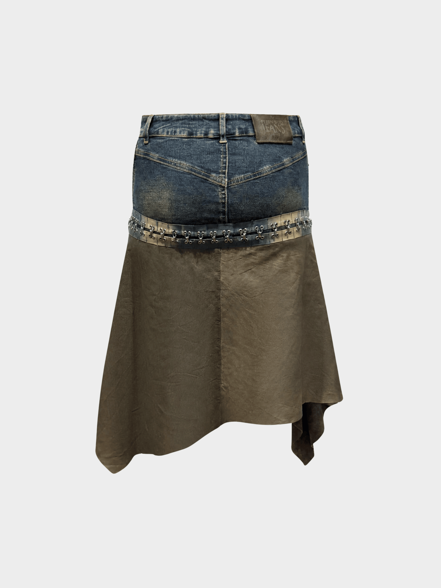 Plein Sud FW 2003 Denim and Leather Asymmetric Skirt