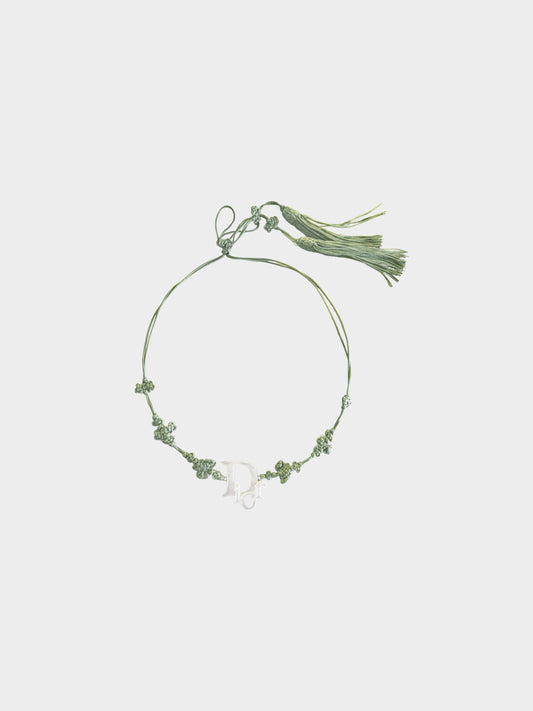Christian Dior 1990s Sage Green Silk Knot and Mother of Pearl Necklace