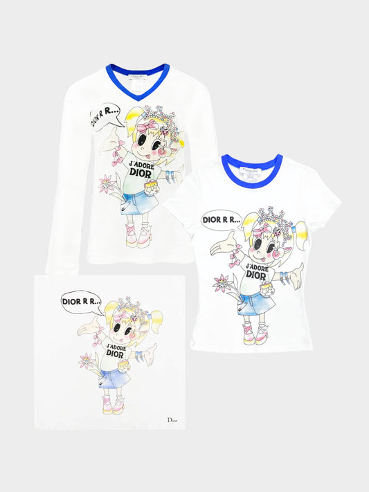Christian Dior 2005 J' Adore Dior Cartoon Graphic Shirt, Long Sleeves, and Scarf Set