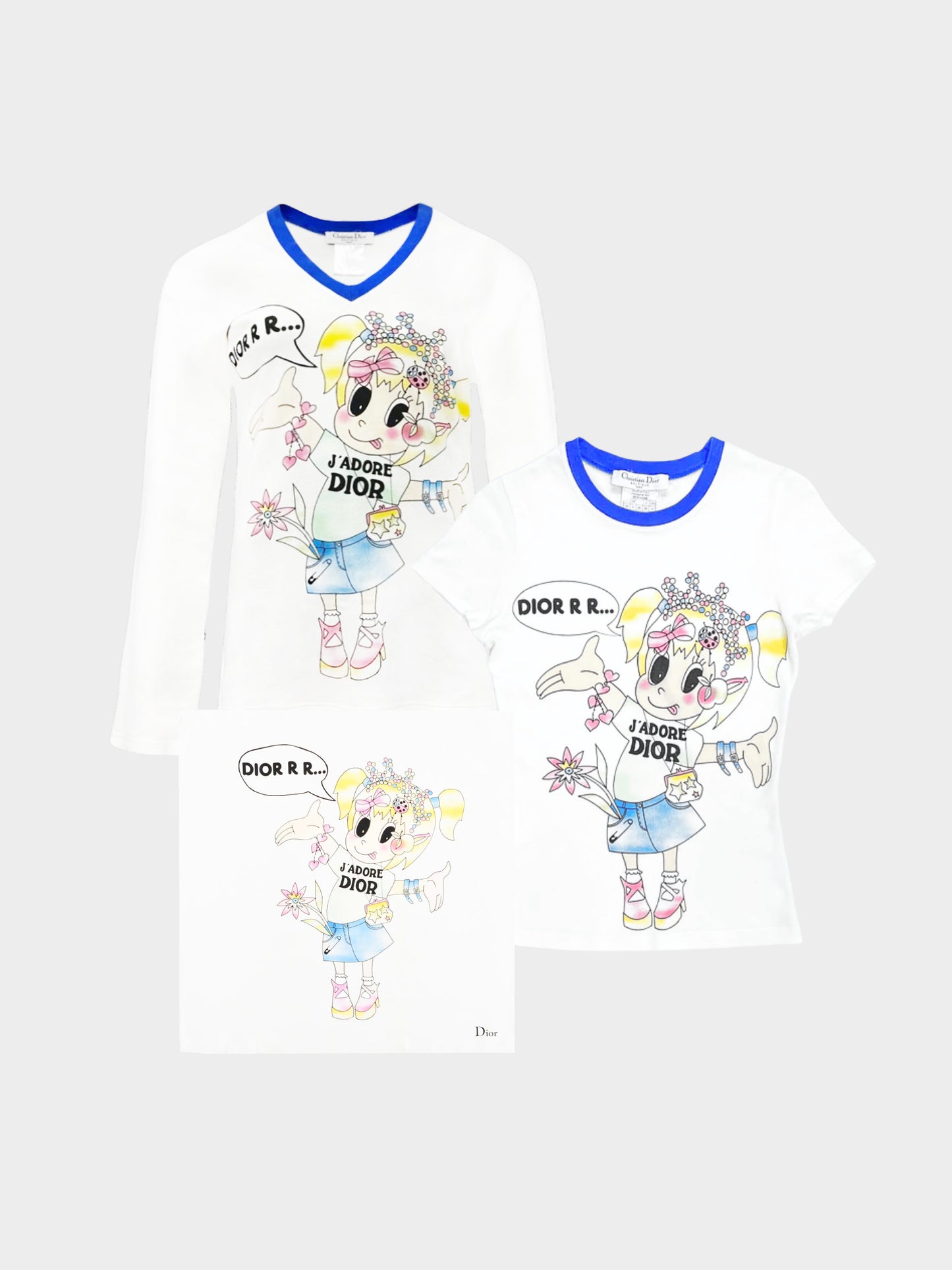 Christian Dior 2005 J' Adore Dior Cartoon Graphic Shirt, Long Sleeves, and Scarf Set