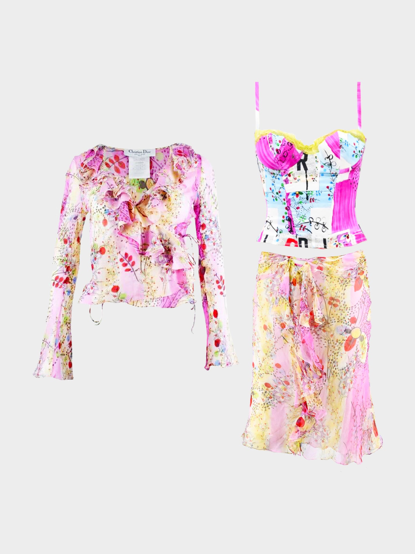 Christian Dior SS 2003 Filth Print Silk Bustier, Ruffled Top and Skirt Set