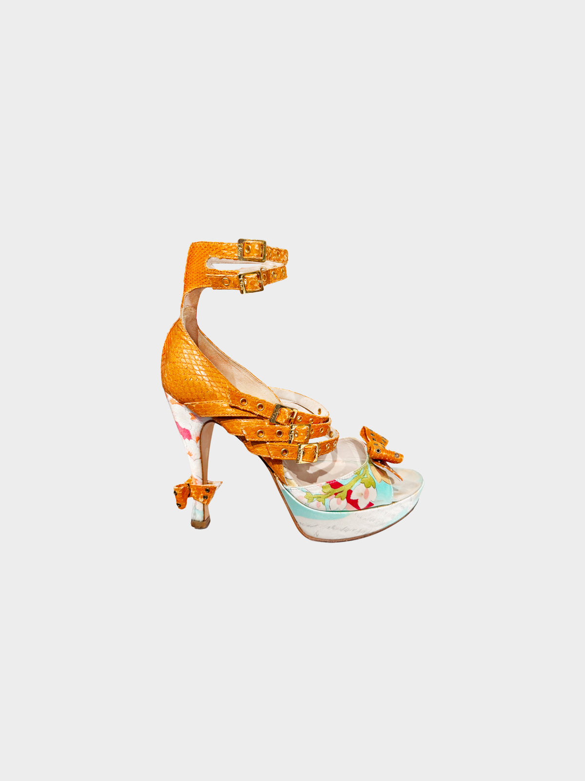 Christian Dior by John Galliano 2003 Brown Python and Satin Oriental Floral Print Heels