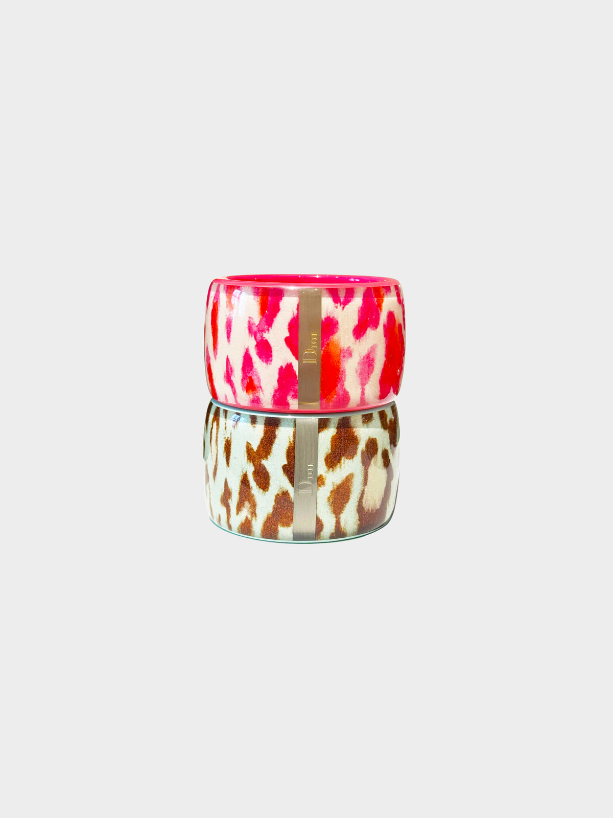 Christian Dior 2000s Light Blue and Dark Pink Leopard Print Resin Bangle/Cuff Set