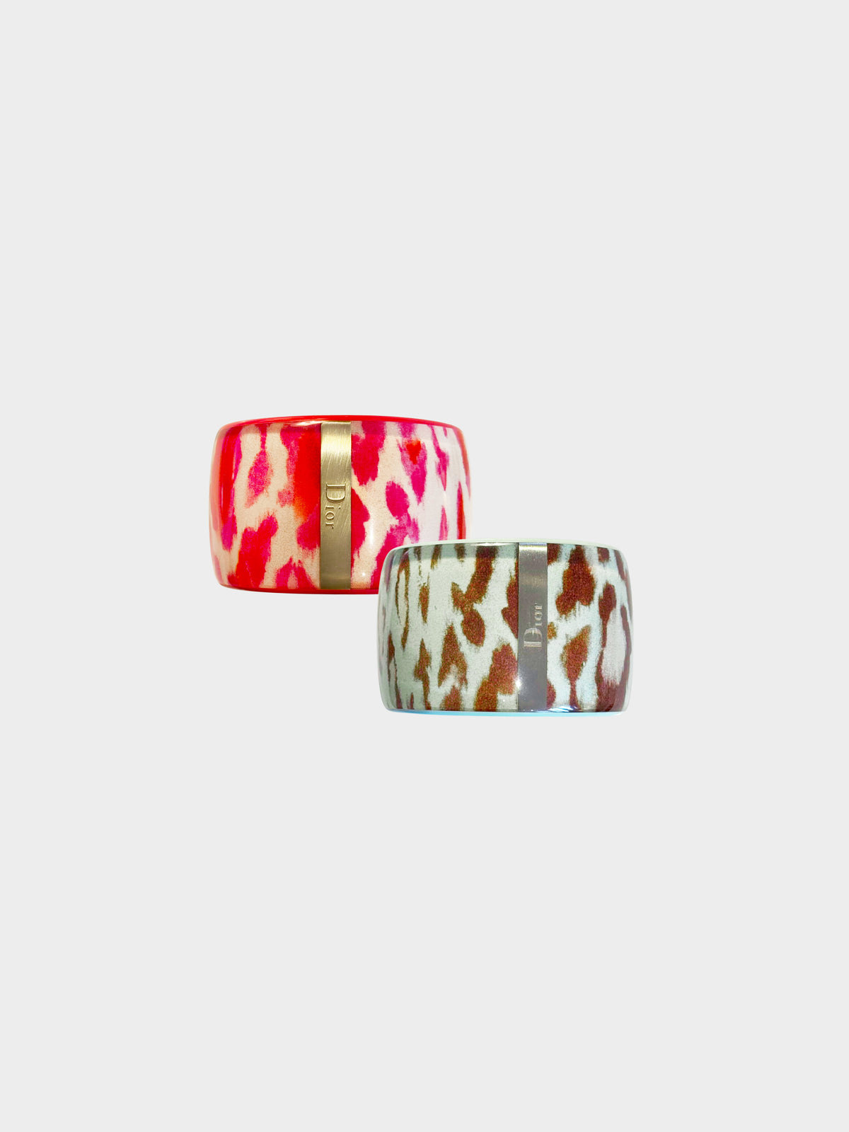 Christian Dior 2000s Light Blue and Dark Pink Leopard Print Resin Bangle/Cuff Set