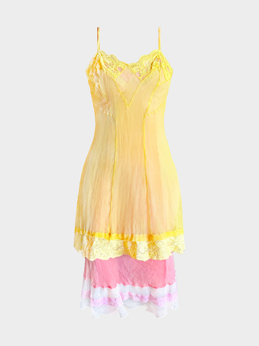 Christian Dior by John Galliano SS 2005 Runway Yellow and Pink Sheer Silk Chiffon Dress
