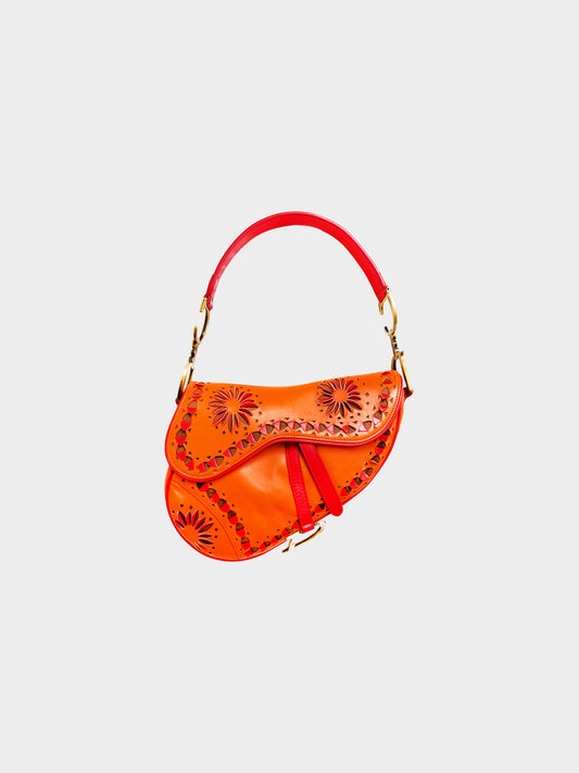Christian Dior 2002 Limited Edition Orange Leather Laser Cut Saddle Bag