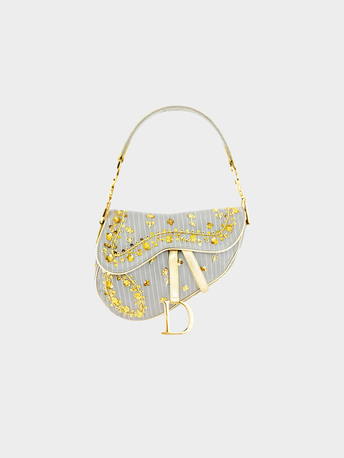 Christian Dior 2003 Limited Edition Grey Pinstripe and Gold Sequins Saddle Bag
