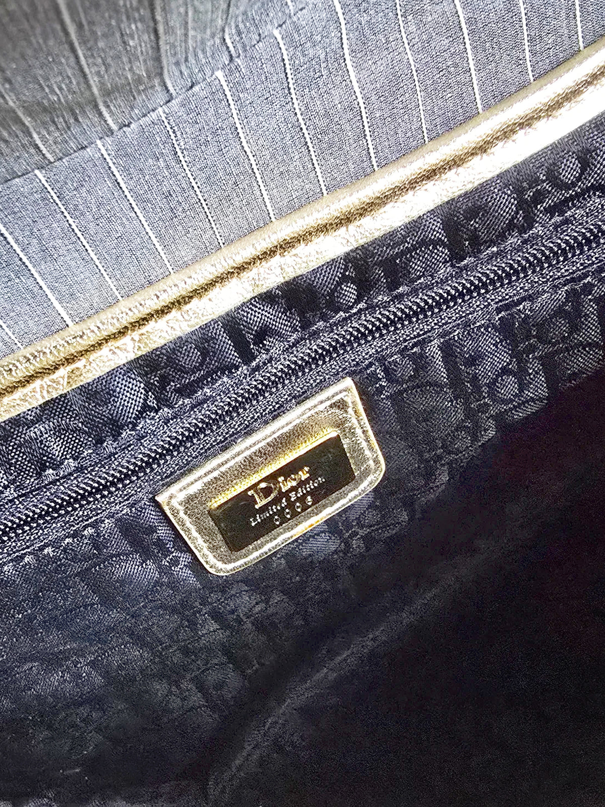 Christian Dior 2003 Limited Edition Grey Pinstripe and Gold Sequins Saddle Bag