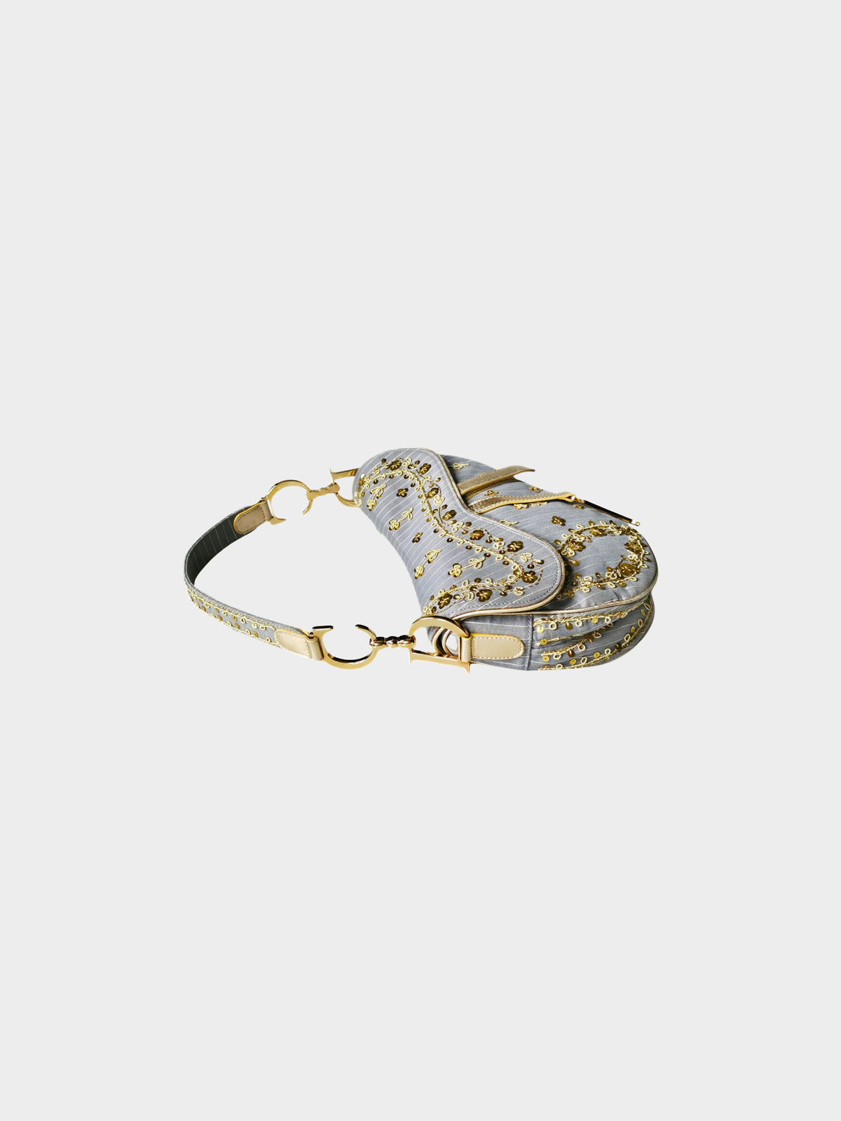 Christian Dior 2003 Limited Edition Grey Pinstripe and Gold Sequins Saddle Bag