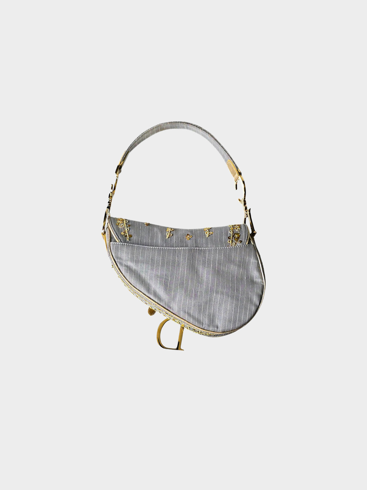 Christian Dior 2003 Limited Edition Grey Pinstripe and Gold Sequins Saddle Bag