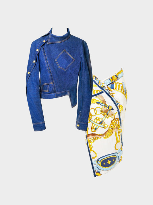Christian Dior by John Galliano SS 2000 Runway Denim Asymmetric Jacket and Equestrian Wrap Skirt