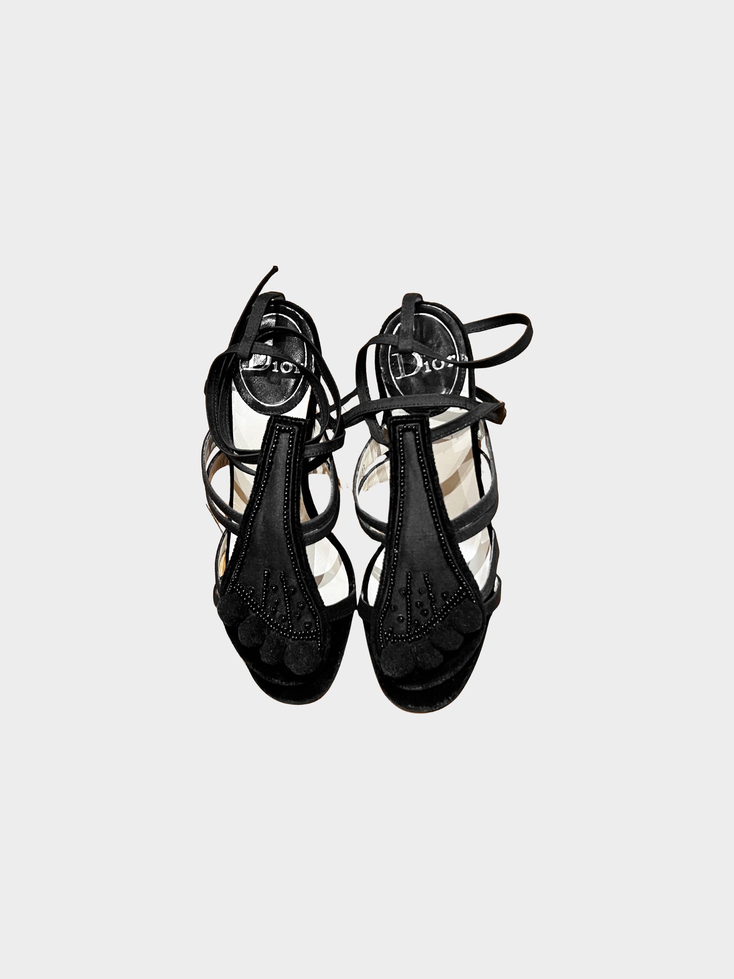 Christian Dior Early 2000s Black Satin Beads and Sequin-Embellished Feet Motif Pom Pom Heels