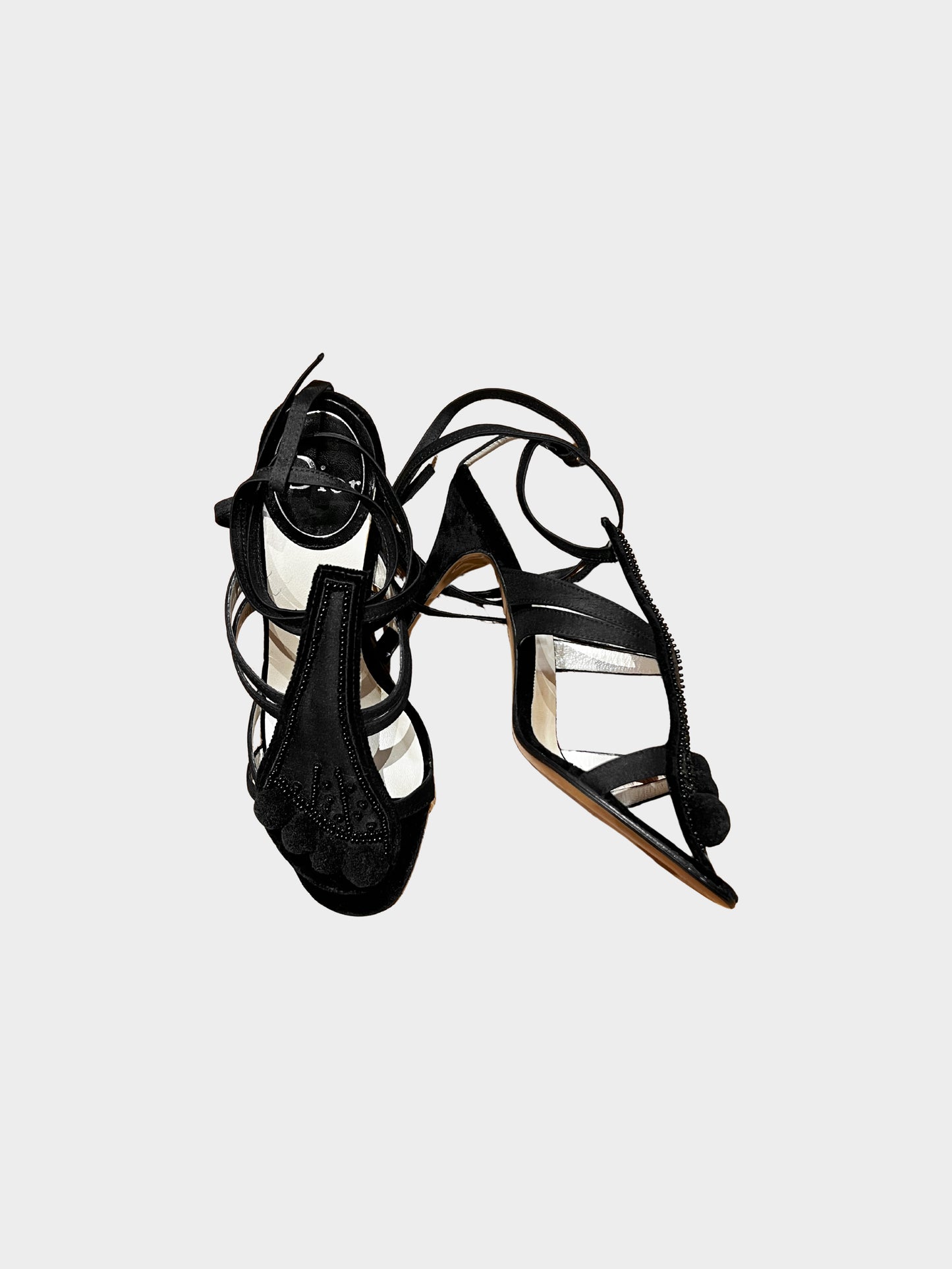 Christian Dior Early 2000s Black Satin Beads and Sequin-Embellished Feet Motif Pom Pom Heels