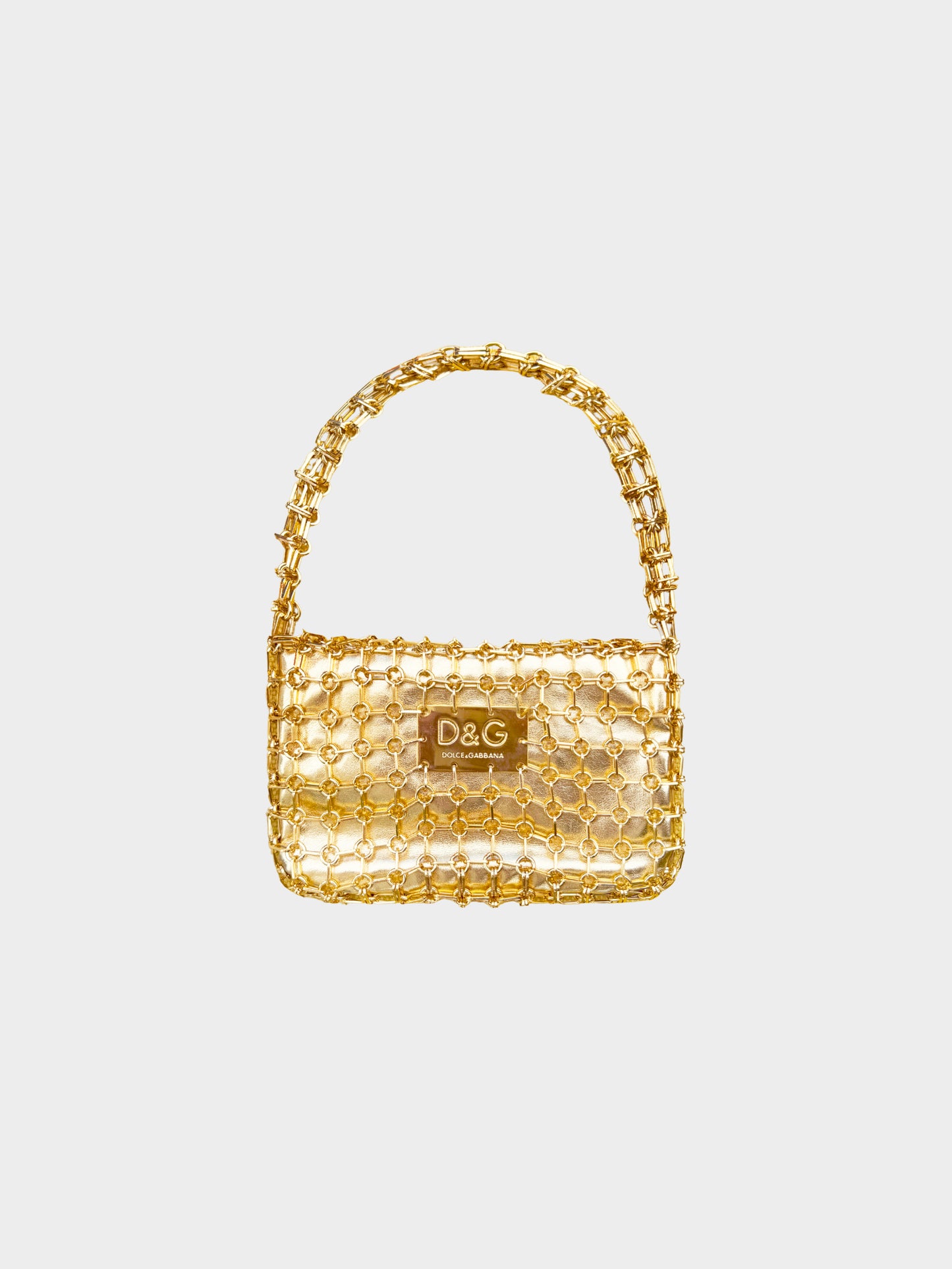 Dolce and Gabbana 2000s Gold Metallic Leather and Chainlink Bag