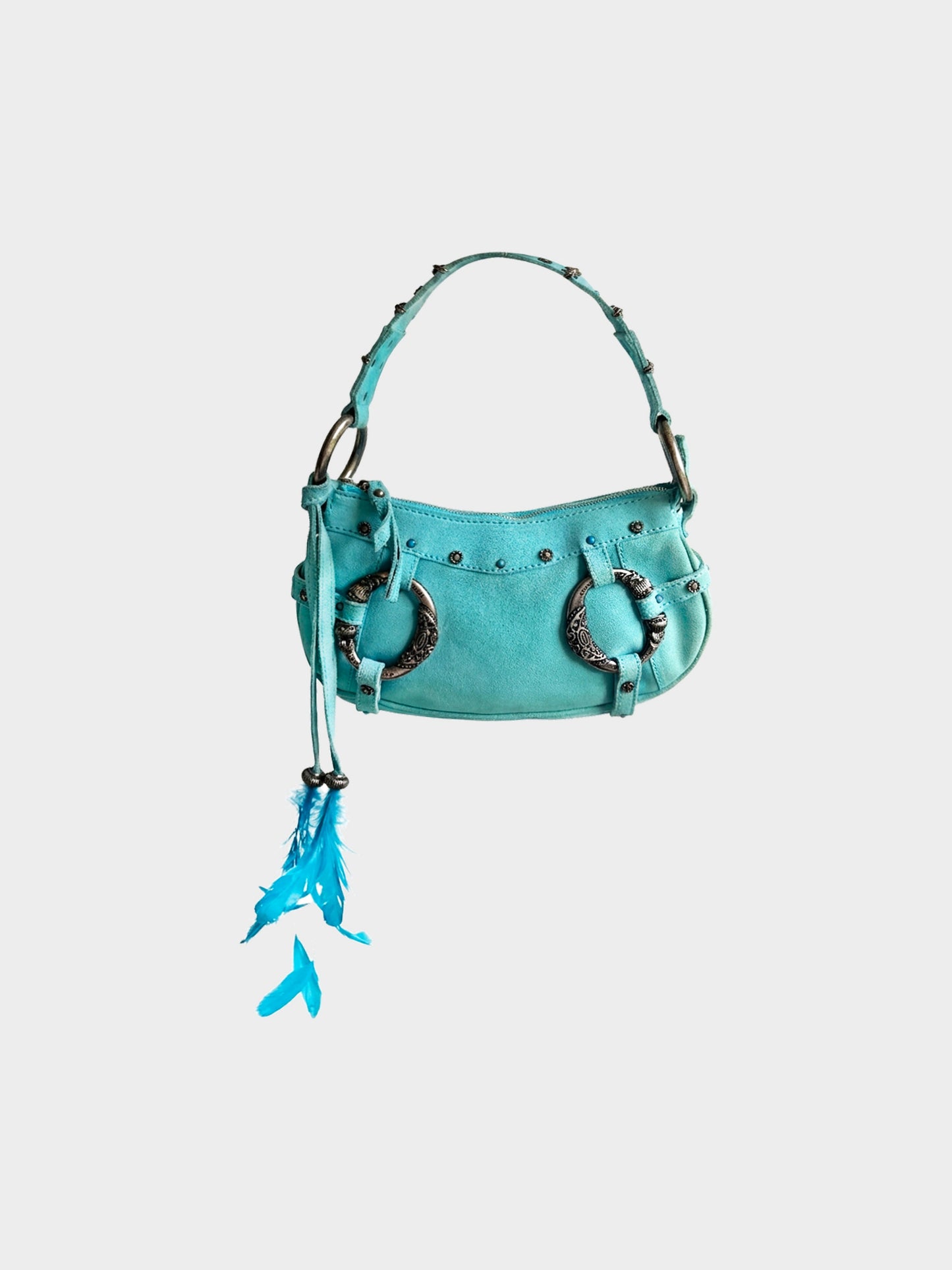 Dolce and Gabbana 2000s Rare Turquoise Blue Suede Studded Shoulder Bag